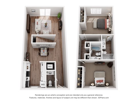 Floor plan for 2 beds, 2.5 baths, 1050 sqft